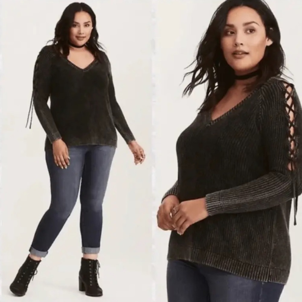 Torrid lace up cold shoulder knit sweater 2